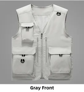 Detail of multi-pocket mesh fishing vest in light grey featuring a functional V-neck design