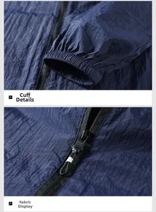 Dettaglio dei polsini elastici e della trama del tessuto della giacca outdoor blu scuro