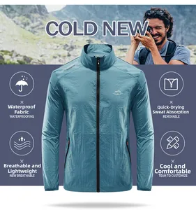Detail of blue men's ice silk sun protection jacket with breathable texture and zipper