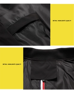 Detail view of black bomber jacket with ribbed collar, inner pocket, and tricolor webbing
