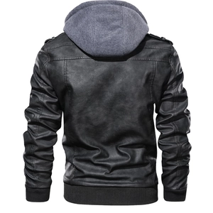 Back view of men's vintage motorcycle PU leather jacket with grey detachable hood