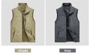 Men's outdoor utility vests in khaki and grey with multiple pockets and mesh lining