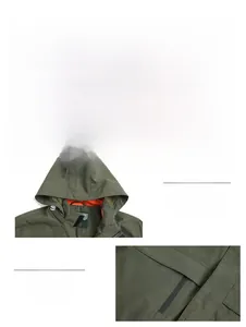 Detail display of army green jacket showing windproof collar and waterproof zip pockets