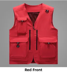 Detailed front view of a red outdoor multi-pocket mesh vest with durable zipper