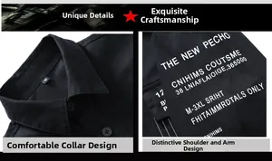 Detail of men's black business shirt showing turn-down collar and stylish sleeve prints