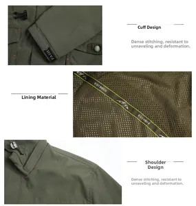 Detailed views of the outdoor jacket showing sleeve cuffs, mesh lining, and durable stitching
