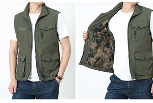 Detail view of khaki military cargo vest with multi-pockets and camouflage lining pattern