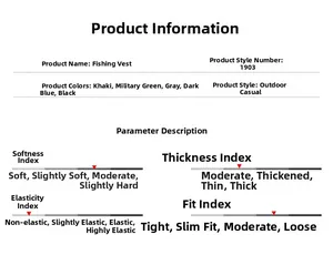 Detailed chart showing outdoor fishing vest features and material specifications in five colors
