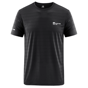 Men's black quick-dry crew neck t-shirt with chest print and reflective sleeve detail