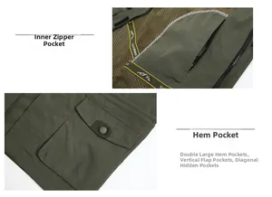Detail of outdoor vest with breathable mesh lining and inner zippered pocket system