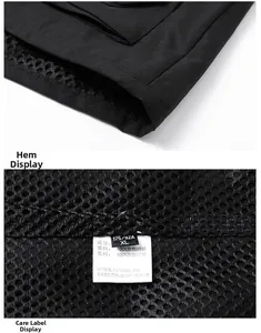 Detail of outdoor mesh vest showing inner breathable lining and washing instructions label