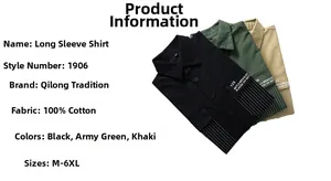 Detailed view of 100% cotton long-sleeve shirts in black, army green and khaki colors