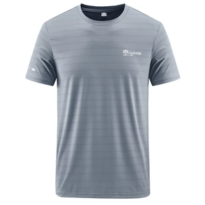 Men's grey round neck short sleeve T-shirt with fashion text and breathable texture