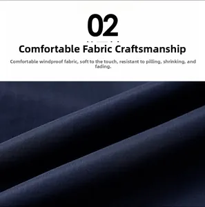 Detail of dark blue windproof fabric showing high-density weave and anti-pilling texture