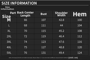 Detailed size chart for multi-pocket outdoor vest from M to 5XL with measurements