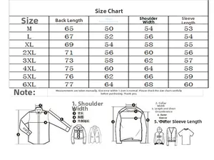 Detailed size chart for men's shirts showing measurements from M to 6XL in centimeters