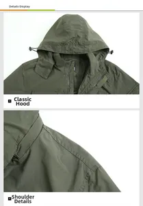 Detail view of olive green hooded jacket showing drawstring hood and shoulder stitching
