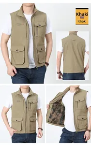 Detail view of khaki multi-pocket outdoor vest featuring stand collar and camo lining
