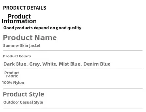 Detailed chart showing colors and 100% nylon material for the summer sun protection jacket