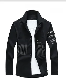 Detailed flat lay of black men's long sleeve work shirt with white pocket prints