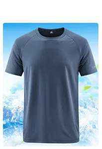 Detail of navy blue men's quick-dry T-shirt showing breathable mesh texture and crew neck