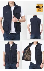 Detail view of navy blue tactical vest with multiple pockets and camo lining details