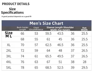Detailed size chart for men's lightweight sun protection jacket with full measurements