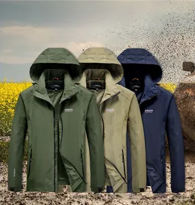 Outdoor hooded jackets in army green, khaki and navy with windproof details