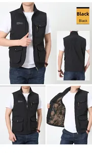 Detail view of black utility vest with four pockets, high neck, and freedom print