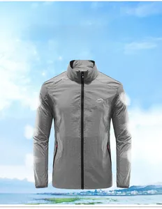 Macro detail of men's lightweight grey ice silk sun protection jacket with zip pockets