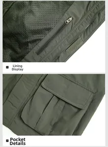 Detail of army green jacket showing breathable mesh lining and large utility pockets