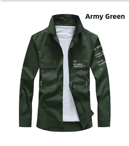 Detail of army green men's long sleeve work shirt with double pockets and chest print
