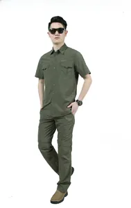 Detail of military green quick-dry outdoor work shirt with pocket printing and tactical design
