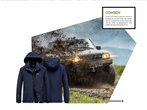 Front and back view of a dark blue hooded windbreaker with durable outdoor zippers