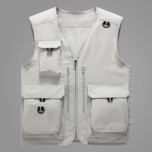 Men's light grey multi-pocket mesh outdoor fishing vest with functional D-ring loops