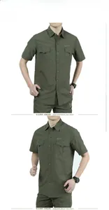 Detail of army green tactical short-sleeve shirt with utility chest pockets and engraving