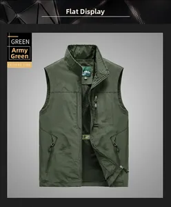 Detail of army green outdoor vest showing stand collar, zipper pockets and mesh lining