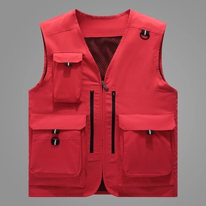 Men's red outdoor fishing vest with multi-pockets, V-neck zipper and breathable mesh lining