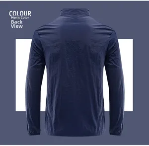 Detail view of the back of a lightweight navy blue men's ice silk sun protection jacket