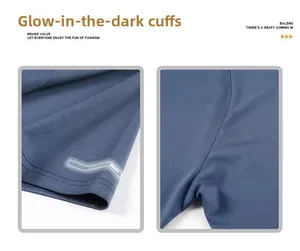 Detail of blue breathable mesh fabric with reflective safety strips and fine stitching
