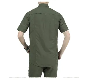 Detail view of olive green outdoor shirt showing the back ventilation design for airflow