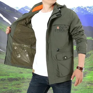 Army green waterproof outdoor jacket for men with a detachable hood and mesh lining