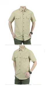 Close-up of khaki outdoor shirt featuring chest pockets and SINCE 1941 embroidery