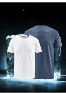 Detail view of breathable ice silk fabric on white and blue men's sports t-shirts