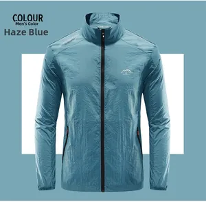 Detail view of smog blue ice silk sun protection jacket with zipper pocket and stand collar
