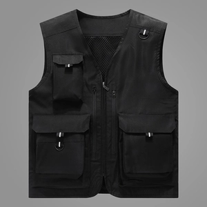 Men's outdoor mesh fishing vest with multiple pockets in black durable fabric