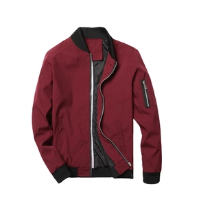 Men's casual burgundy bomber jacket with ribbed cuffs and utility zip sleeve pocket
