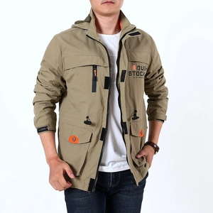 Men's outdoor khaki waterproof jacket with orange details and multi-pocket hood design
