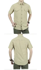 Detail of khaki outdoor short sleeve shirt showing front pockets and back construction