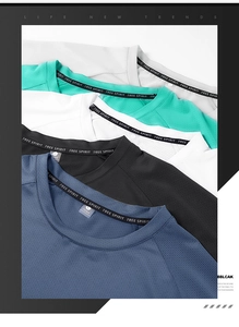 Close-up of crew neck quick-dry t-shirts with breathable mesh and logo tape detail